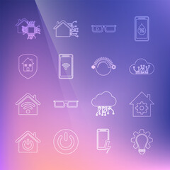 Set line Light bulb and gear, Smart home settings, Internet of things, glasses, Mobile with wi-fi wireless, House under protection, and Thermostat icon. Vector