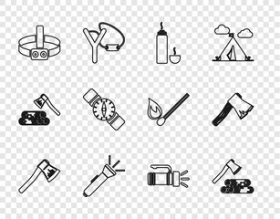 Set line Wooden axe, and wood, Thermos container, Flashlight, Head flashlight, Compass, and Old wooden icon. Vector
