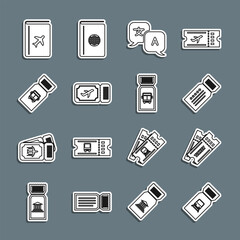Set line Train ticket, Ticket, Translator, Airline, Bus, Cover book travel guide and icon. Vector