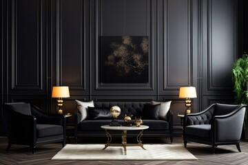Black velvet sofa and armchairs against classic paneling wall. Hollywood glam style interior design of modern living room