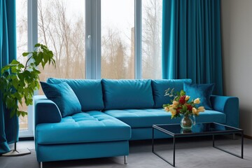 Blue corner sofa against window dressed with curtains. Interior design of modern living room