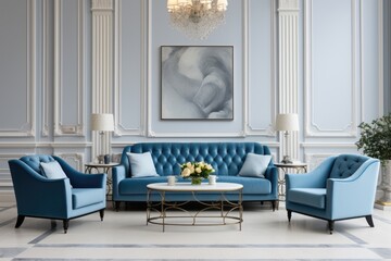 Blue sofa and armchairs in classic room. Interior design of modern living room.