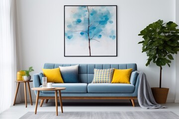 Blue sofa with colorful pillows against white wall with art posters frames. Mid-century style home interior design of modern living room