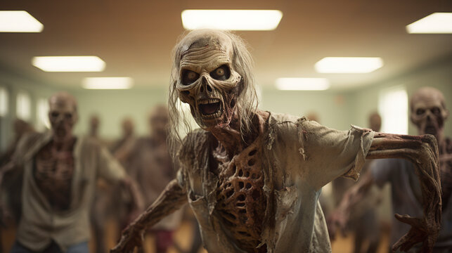 Zombies in a closed classroom. Zombies dancing in a dance hall with dancing undead. Post-apocalyptic zombies indoors.