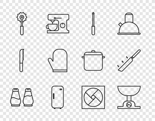 Set line Salt and pepper, Electronic scales, Knife sharpener, Refrigerator, Pizza knife, Oven glove, Ventilation and Frying pan icon. Vector