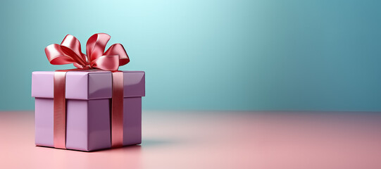 Geschenk verpackt in Geschenkkarton in Lavendel mit Schleife in Magenta auf Pink Untergrund und vor Hellgrünen Hintergrund. Banner Panorama Format mit Textfreiraum. - 639695475