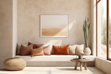 Boho minimalist home interior design of modern living room. Beige sofa with terra cotta cushions against window