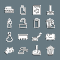 Set line Trash can, Sponge, and garbage bag, Washer, Washbasin with water tap, Dishwashing liquid bottle, Brush for cleaning and Paper towel roll icon. Vector