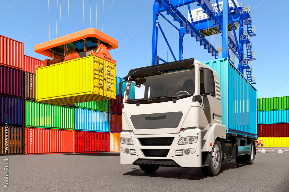 Poster container truck with cargo container in container terminal, 3d rendering