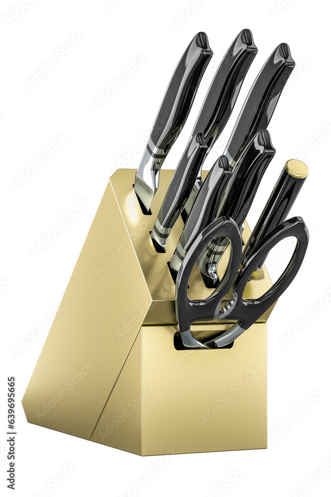 Poster kitchen knives with storage block, 3d rendering isolated on transparent background