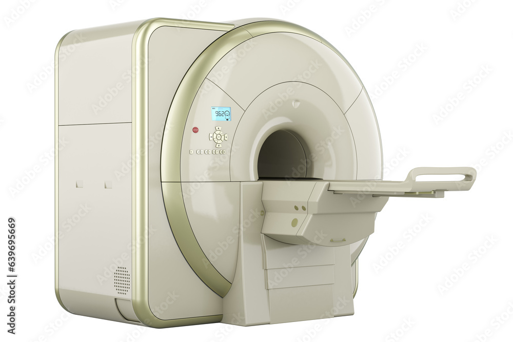 Poster magnetic resonance imaging scanner, mri. 3d rendering isolated on transparent background
