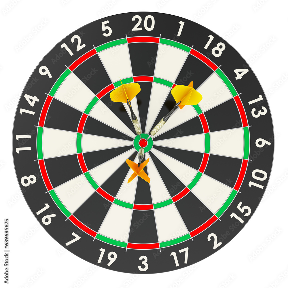 Poster dartboard with darts in bullseye, front view. 3d rendering isolated on transparent background