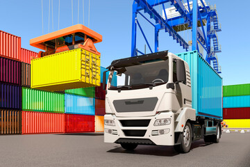 Container truck with cargo container in container terminal, 3D rendering