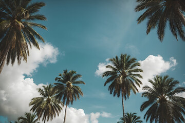 Fototapeta na wymiar Blue sky and palm trees view from below generative AI