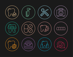 Set line Tooth, Dentures model, Dental inspection mirror, Painkiller tablet, Teeth with braces, whitening concept, treatment procedure and drill icon. Vector