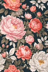 Flower and plant. Floral classic seamless print in shabby chic style. Flowers vector illustration: peony, rose, aster, leaves and plants for background, pattern and wallpaper generative AI