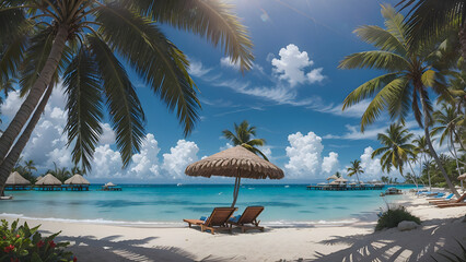 Blue sky and palm trees beach view generative AI