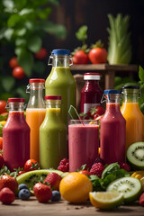 Fresh fruit and vegetable smoothies or juice in bottles with various ingredients around generative AI