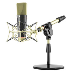 Diaphragm condenser studio microphone with shock-mount. 3D rendering isolated on transparent background