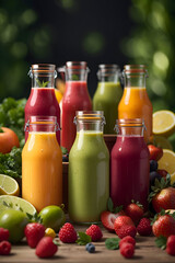 Fresh fruit and vegetable smoothies or juice in bottles with various ingredients around generative AI