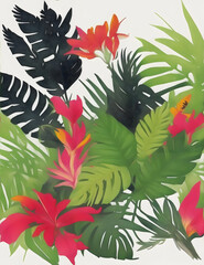 Flowers and leaves. Vector illustrations of fern, bird of paradise, black panther, palm leaf and other tropical plants for background, pattern or poster generative AI