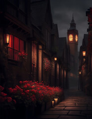A panoramic view of London in 19&rsquo; century at night with red roses in the streets generative AI