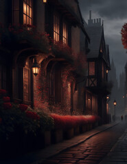 A panoramic view of London in 19&rsquo; century at night with red roses in the streets generative AI