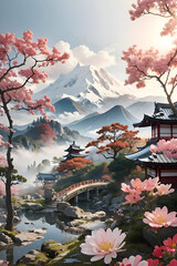 Japanese designs for shirts Japanese illustration design landscape generative AI