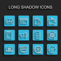 Set line Laptop with 8k, Action extreme camera, Cinema chair, Film reel, CD or DVD disk, Megaphone, Movie spotlight and ticket icon. Vector