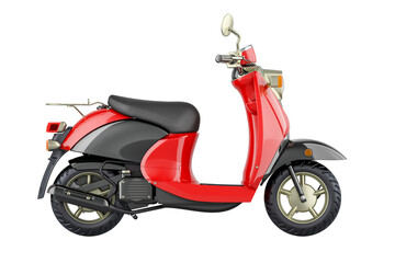 Motor scooter, scooter. Red color, side view. 3D rendering isolated on transparent background
