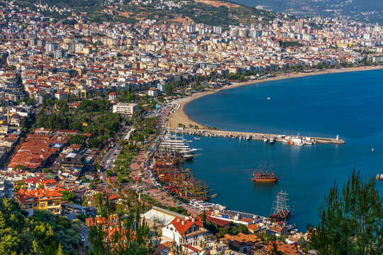Alanya, Turkey. Aerial panoramic view from the hill to the harbour and city.  Alanya cityscape, Turkish resort. 