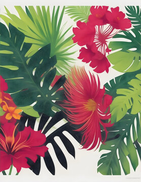 Flowers and leaves. Vector illustrations of fern, bird of paradise, black panther, palm leaf and other tropical plants for background, pattern or poster generative AI
