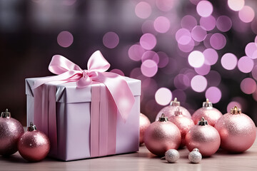 Weihnachtsgeschenk, Weihnachtskugeln und Bokeh-Effekt in Pink. Close-up - 639695833