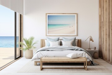 Coastal style interior design of modern bedroom with empty mock up poster frame