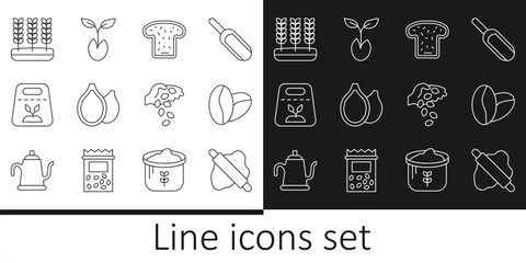 Set line Rolling pin on dough, Coffee beans, Bread toast, Pumpkin seeds, Pack full plant, Wheat, Seed and Sprout icon. Vector