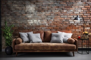 Comfortable sofa against grunge brick wall with copy space. Loft style interior design of modern living room