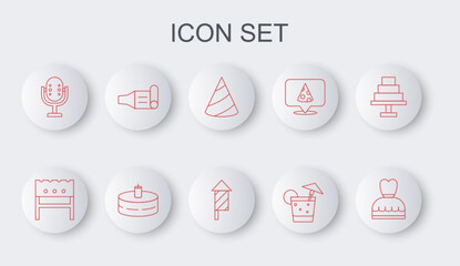 Set line Woman dress, BBQ brazier, Party hat, Cocktail, Microphone, Birthday party horn, Cake with burning candles and Firework rocket icon. Vector