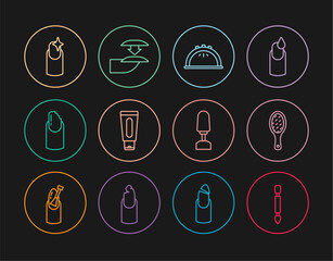 Set line Cuticle pusher, Nail file, Manicure lamp, Tube of hand cream, Broken nail, manicure, Milling cutter for and False nails icon. Vector