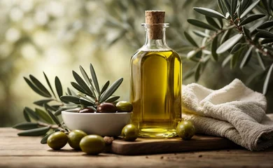 Foto op Plexiglas A healthy olive oil in a glass bottle. © Creative_Bringer
