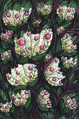 Vegetable natural pattern with branches and flowers covered with pink berries and foliage.