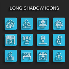Set line Football or soccer referee, Goal football, Soccer, calendar, player, Air horn and Award cup and icon. Vector