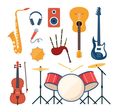 Musical instruments, set of icons. Guitar, synthesizer, violin, cello, drum, cymbals, saxophone, accordion, tambourine, grand piano. Vector illustration.