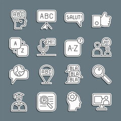 Set line Foreign language online study, Magnifying glass, Two sitting men talking, Salut different languages, Microphone voice device, Vocabulary, Learning foreign and Online translator icon. Vector