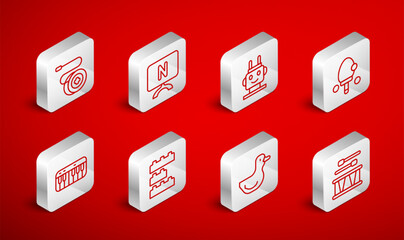 Set line Drum with drum sticks, Smart Tv, Robot toy, Racket, Rubber duck, Yoyo, Toy building block bricks and Music synthesizer icon. Vector