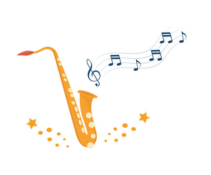 Saxophone, wind musical tool. Treble clef with notes on wavy lines. Concert performance of jazz or participation in an orchestra. Vector illustration.