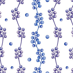 Watercolor seamless pattern blue and violet berries on branches for beautiful winter design on white isolated background. Watercolor illustration, vintage style.