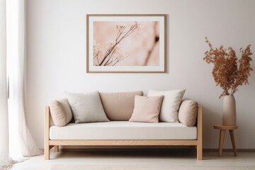 Cozy loveseat sofa and wooden coffee table against window. Poster frame on white wall. Scandinavian interior design of modern living room