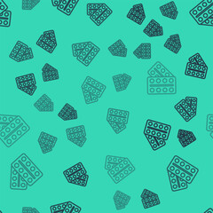 Black line Pills in blister pack icon isolated seamless pattern on green background. Medical drug package for tablet, vitamin, antibiotic, aspirin. Vector.