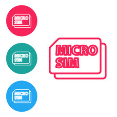 Red line Micro Sim Card icon isolated on white background. Mobile and wireless communication technologies. Network chip electronic connection. Set icons in circle buttons. Vector