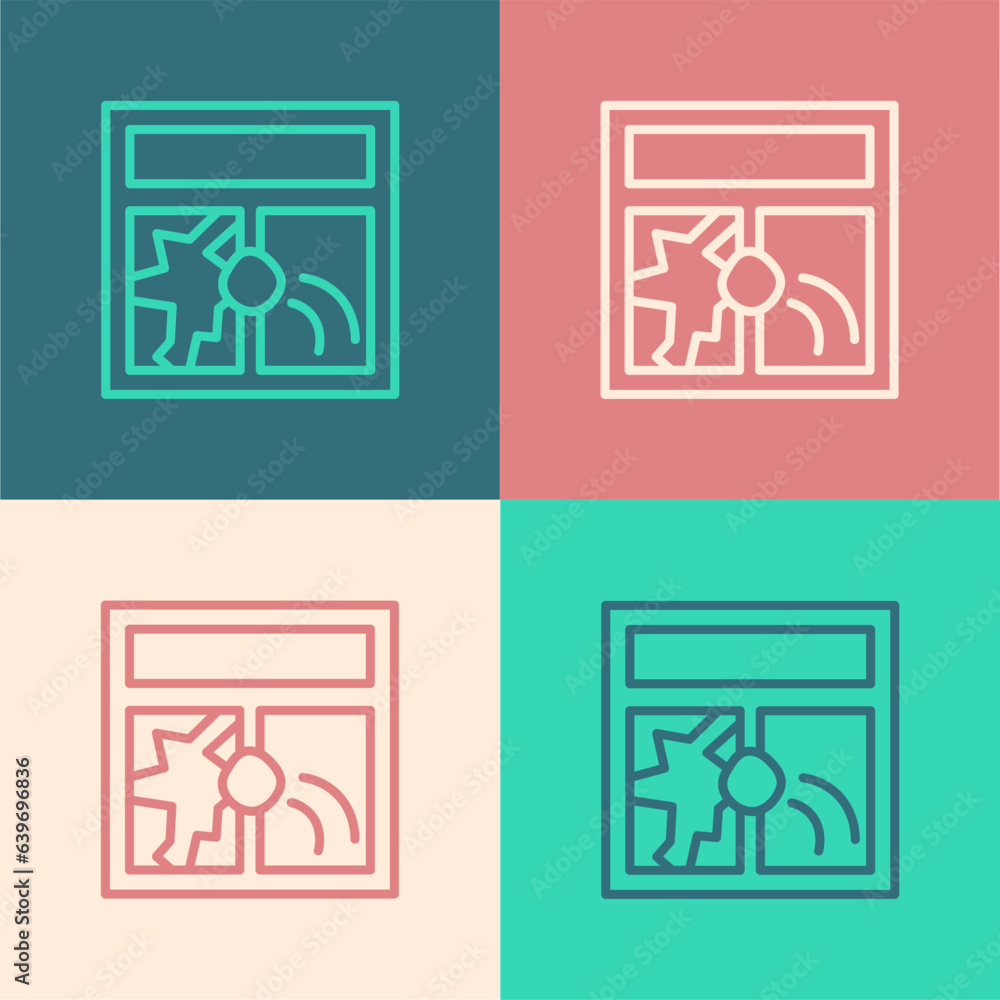Poster pop art line broken window icon isolated on color background. damaged window. beaten windowpane conc